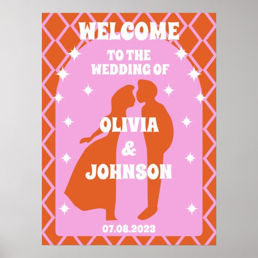 Poster Bienvenue Bold rose orange rétro Boho Arch Mariage (Devant)