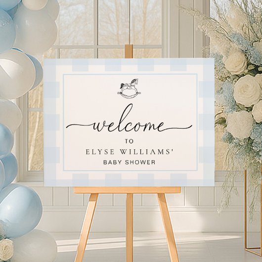Poster Bienvenue Cheval à Bascule Gingham Bleu