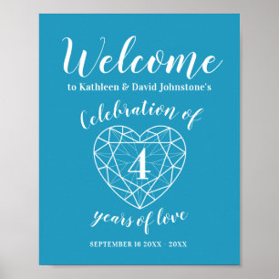 Poster Bienvenue coeur 4e anniversaire personnalisé bleu