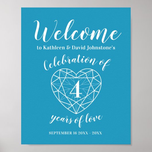Poster Bienvenue coeur 4e anniversaire personnalisé bleu (Devant)