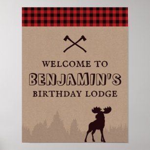 Poster Bienvenue d'anniversaire bûcheron plaid rustique d