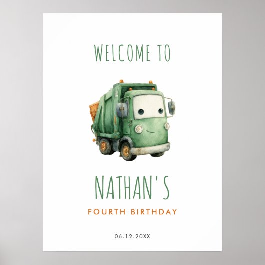 Poster Bienvenue d'anniversaire camion poubelle (Devant)