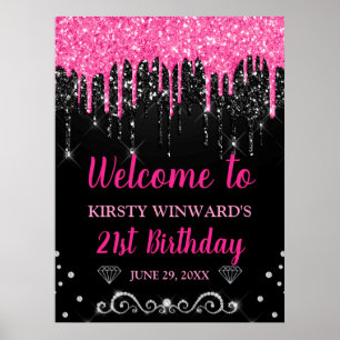 Poster Bienvenue d'anniversaire rose chaud et noir avec p
