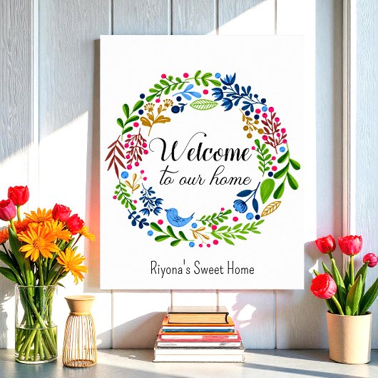 Poster Bienvenue dans notre Home Green Black Floral Typog