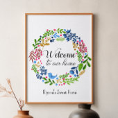 Poster Bienvenue dans notre Home Green Black Floral Typog