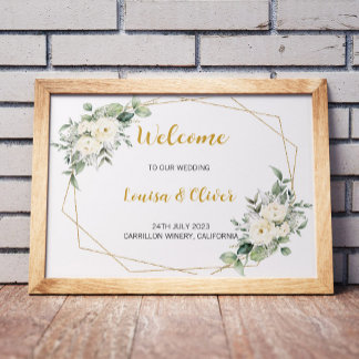 Poster Bienvenue dans notre mariage, fleuri & or en forme