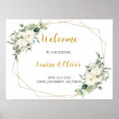 Poster Bienvenue dans notre mariage, fleuri & or en forme (Devant)