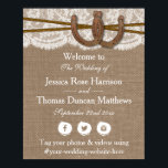 Poster Bienvenue de la collection Rustic Horseshoe Mariag<br><div class="desc">La collection rustique de mariages en fer à cheval est un design étonnant avec un joli arrière - plan rustique effet burlap avec une finition romantique vintage effet dentelle blanche terminée par deux fer à cheval intervertissants sur ficelle. Ces panneaux d'accueil peuvent être personnalisés pour votre occasion spéciale et seraient...</div>