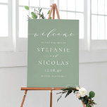 Poster Bienvenue de mariage à l'écriture délicate vert sa<br><div class="desc">Accueillez vos invités de mariage avec ce panneau de bienvenue de mariage romantique. Ce panneau de bienvenue de mariage personnalisable présente une écriture délicate avec une typographie classique sur un fond vert sauge.</div>