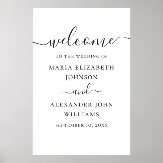 Poster Bienvenue de mariage à l'écriture simple noir et b (Devant)