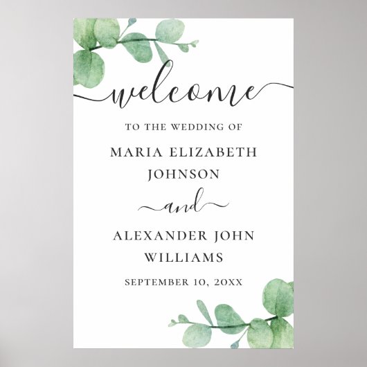 Poster Bienvenue de mariage de script eucalyptus aquarell (Devant)