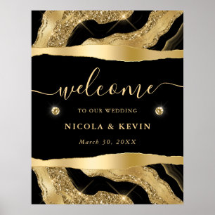 Poster Bienvenue de mariage en feuille noire et agate pai