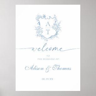 Poster Bienvenue de mariage poussiéreux bleu classique Mo