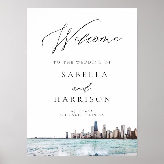 Poster Bienvenue de Watercolor Chicago Skyline Mariage (Devant)