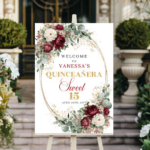 Poster Bienvenue élégant Quinceañera floral bordeaux et o