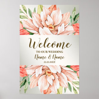 Poster Bienvenue Fête de Mariage Fleurs Feuilles Orange P