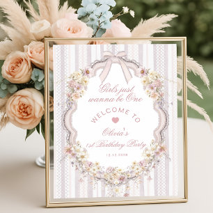 Poster Bienvenue Fille Fleur Sauvage Ruban Vintage 1er An