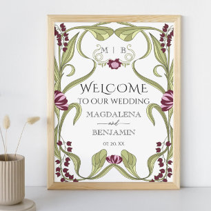 Poster Bienvenue Fleurale Rose Bourgogne Art Nouveau Vint