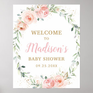 Poster Bienvenue Fleurie Rose Pâle pour Baby Shower Anniv
