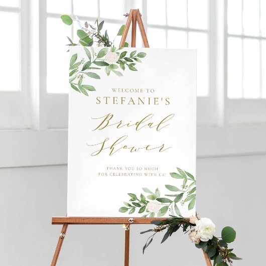Poster Bienvenue Fleurs Blanches Verdure Mariage Doré