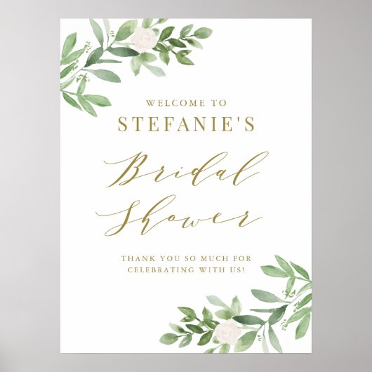 Poster Bienvenue Fleurs Blanches Verdure Or Mariage (Devant)