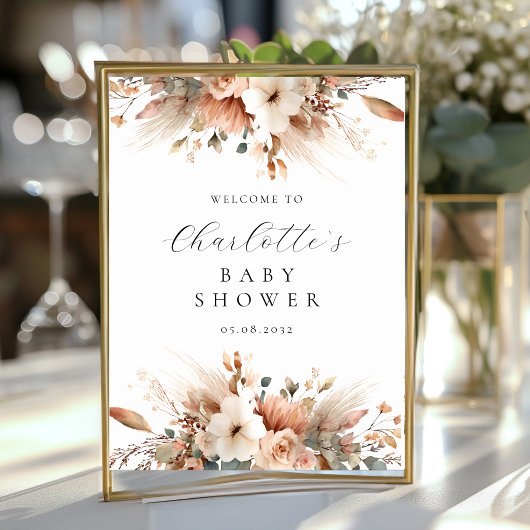 Poster Bienvenue Fleurs Boho Herbe de Pampas Rose Blanche