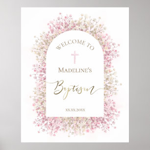 Poster Bienvenue fleurs rose blanc pour baptême