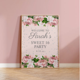 Poster Bienvenue Fleurs Roses Roses Argent Paillettes Dou