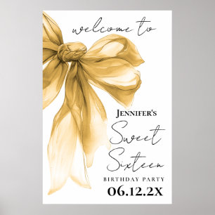 Poster Bienvenue Gold Bow Coquette Script Sweet 16 