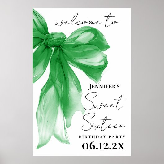 Poster Bienvenue Green Bow Coquette Script Sweet 16 (Devant)