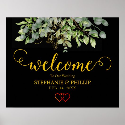 Poster Bienvenue Green Eucalyptus Foliage Mariage noir (Devant)
