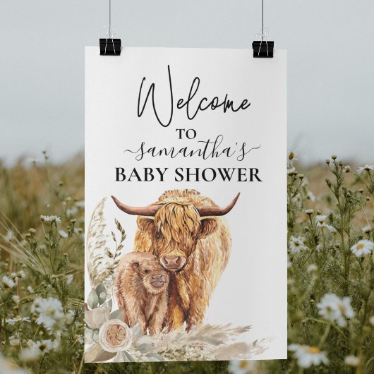 Poster Bienvenue Highland Cow Calf Baby shower Boho