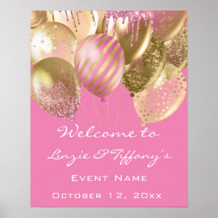 Poster Bienvenue Mariage Anniversaire Ballons d'or rose