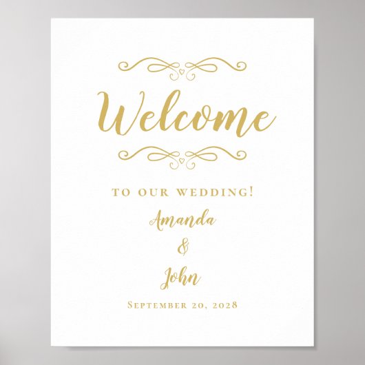 Poster Bienvenue Mariage Calligraphie Élégante Or & Blanc (Devant)