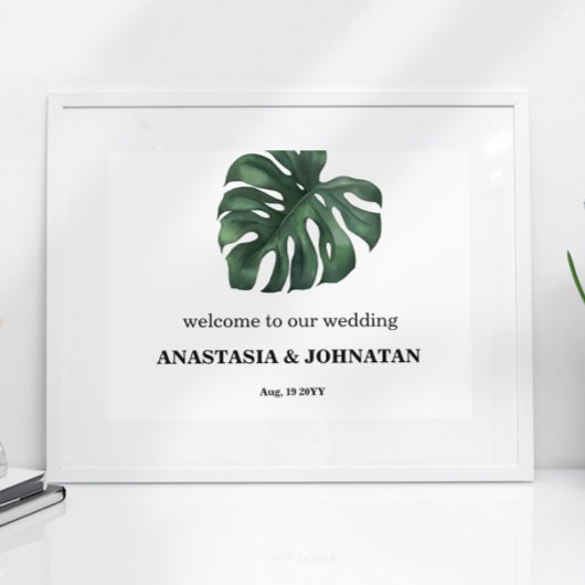 Poster Bienvenue Mariage de feuille Monstera verte