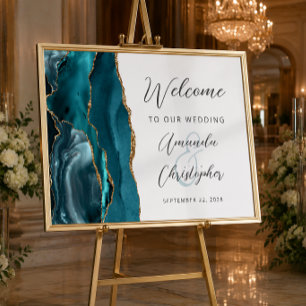 Poster Bienvenue Mariage Écriture Or Agate Sarcelle