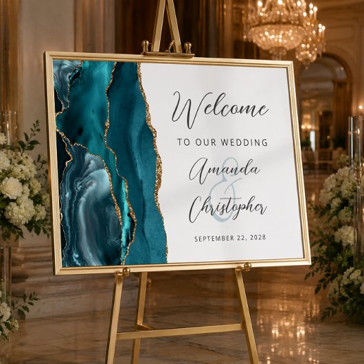 Poster Bienvenue Mariage Écriture Or Agate Sarcelle