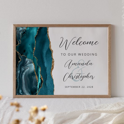 Poster Bienvenue Mariage Écriture Or Agate Sarcelle