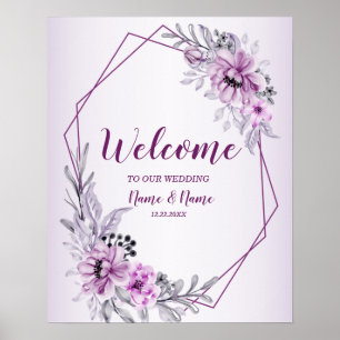 Poster Bienvenue Mariage Fête Rose Floral Violet Pourpre