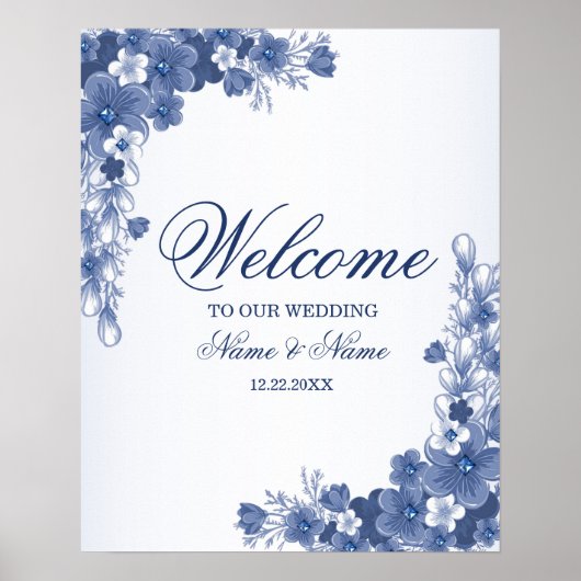 Poster Bienvenue Mariage Fleurs Bleu Rustique Élégant (Devant)