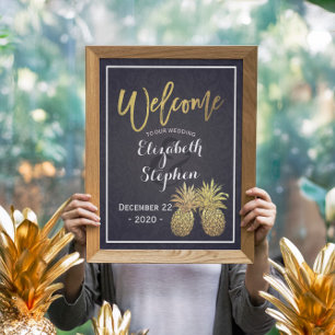 Poster Bienvenue Mariage Golden Pineapple Couple Bleu Mar