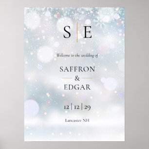 Poster Bienvenue Mariage Hivernal Monogramme Noir et Or