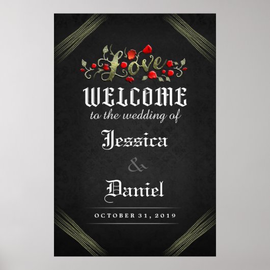 Poster Bienvenue Mariage LOVE Gothic Red Roses 24x36 Post (Devant)