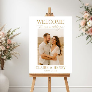 Poster Bienvenue Mariage Photo Blanc Écriture Dorée