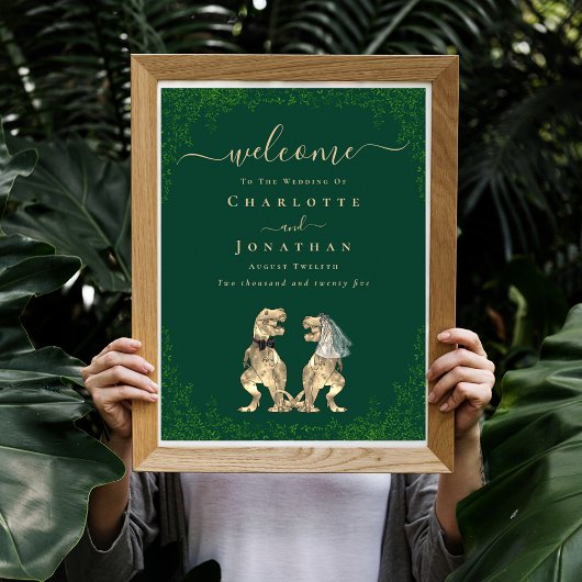 Poster Bienvenue Mariage Thème Dinosaure Vert Foncé