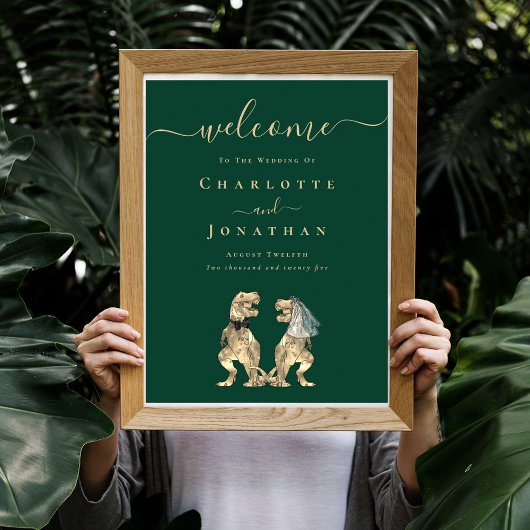 Poster Bienvenue Mariage Thème Dinosaure Vert Foncé