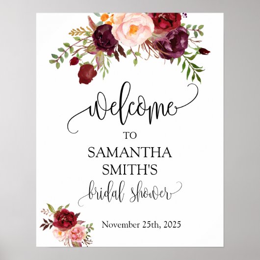 Poster Bienvenue pancarte de mariage floral marsala pour (Devant)