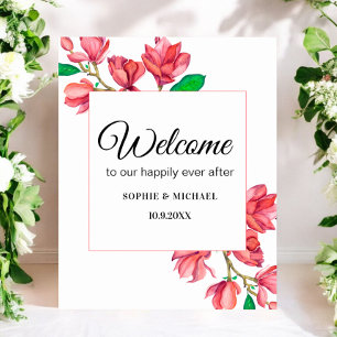 Poster Bienvenue Panneau de mariage floral rose blanc