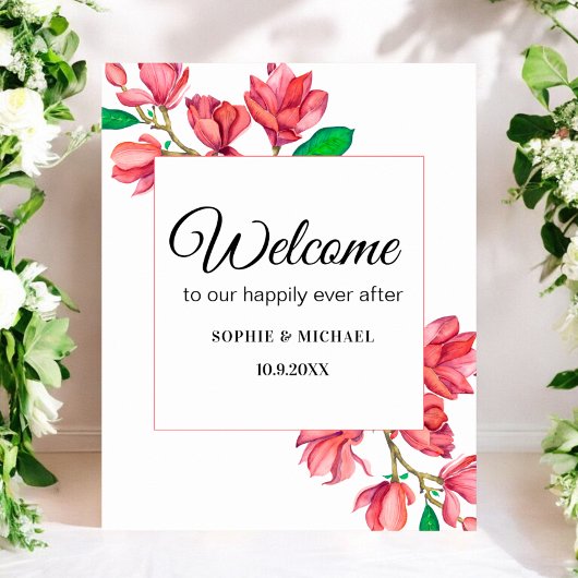 Poster Bienvenue Panneau de mariage floral rose et blanc