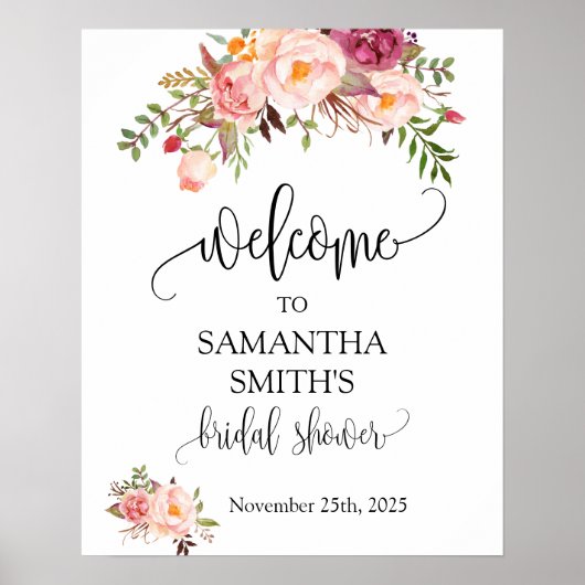 Poster Bienvenue panneau de mariage floral rose pour la d (Devant)